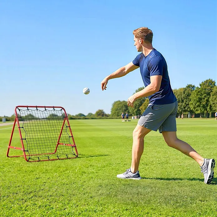 Homcom Sportnetz Rebounder - Kunststoff, Rot - Rotes Sport-Rebounder-Netz, von einem Mann beim Baseball-Werfen genutzt.