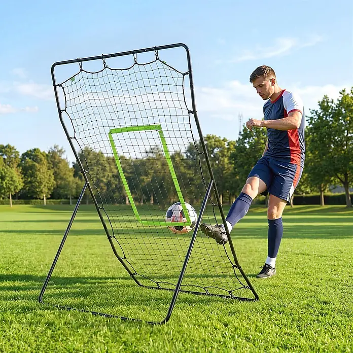 Homcom Sportnetz Rebounder - Metall, Schwarz - Ein Mann tritt einen Fußball in ein schwarzes Rebounder-Trainingsnetz mit grünem Ziel, zur Trainingsverbesserung.