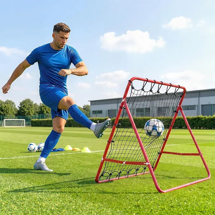 Homcom Sportnetz Rebounder - Kunststoff, Rot - Männlicher Fußballspieler tritt Ball in ein rot-schwarzes Fußball-Reboundernetz.