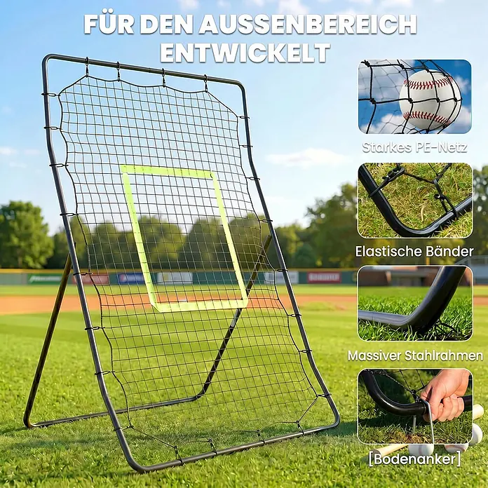 Homcom Sportnetz Rebounder - Metall, Schwarz - Schwarzes Baseball-Rebound-Netz aus Stahl mit gelbem Ziel, auf einem Feld. Mit starkem PE-Netz, elastischen Bändern, massivem Rahmen und Bodenankern.