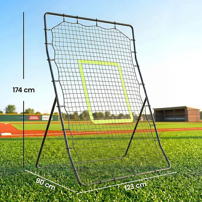 Homcom Sportnetz Rebounder - Metall, Schwarz - Schwarzes Baseball-Rebounder-Netz mit dunklem Metallrahmen und neongrünem Ziel, 174 cm hoch, 123 cm breit und 90 cm tief für Sportübungen.