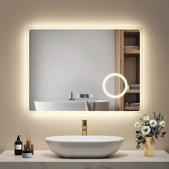 Emke Lichtspiegel Dimlite LM13 -  - Rechteckiger LED-Smart-Spiegel mit Hintergrundbeleuchtung, Digitalanzeige, Antibeschlag, in modernem Bad über Waschtisch, Badewanne und Regale spiegelnd.