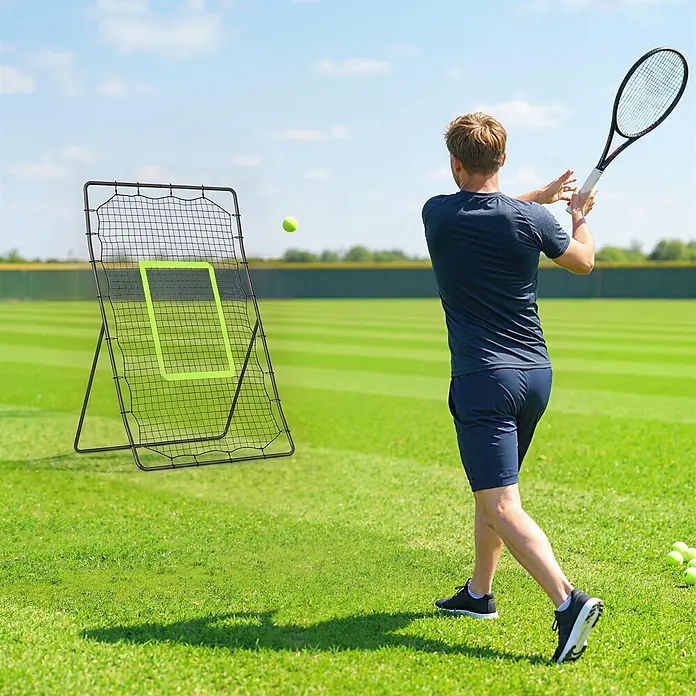 Homcom Sportnetz Rebounder - Metall, Schwarz - Schwarzes Tennis-Rebounder-Netz mit neongrünem Zielrechteck, im Training verwendet.