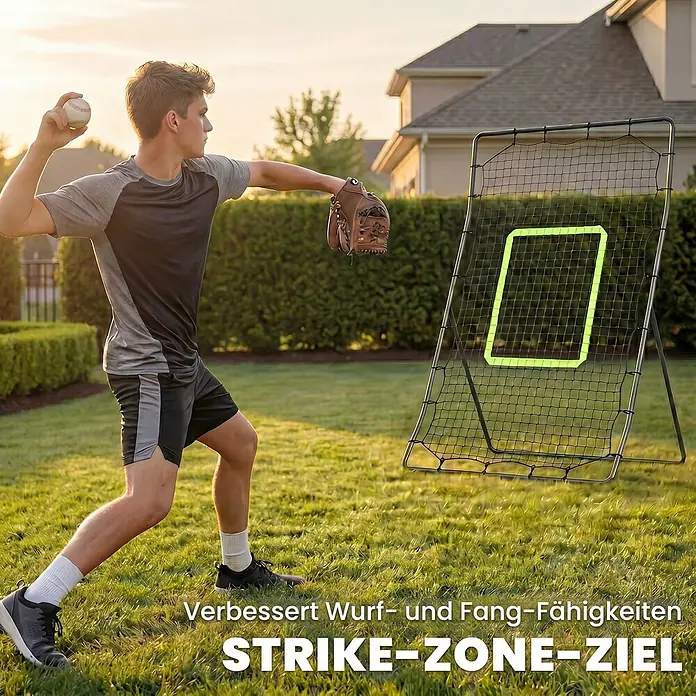 Homcom Sportnetz Rebounder - Metall, Schwarz - Junger Mann trainiert Baseball-Wurf an einem schwarzen Rebound-Netz mit leuchtend grünem Strike-Zone-Ziel.