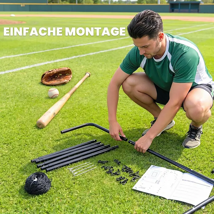Homcom Sportnetz Rebounder - Metall, Schwarz - Mann montiert schwarze Stangen eines Kits auf einem Baseballfeld, Anleitung daneben. Hebt einfache Montage hervor.