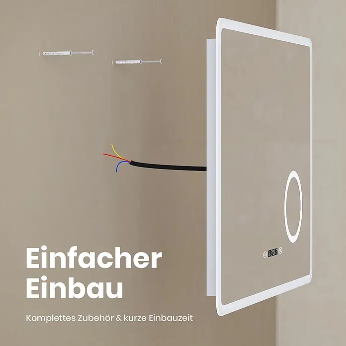 Emke Lichtspiegel Dimlite LM13 -  - Rechteckiger Spiegel mit weißem Rahmen, beleuchtetem Oval und Digitalanzeige, teilmontiert an einer Wand mit Zubehör und Kabeln.