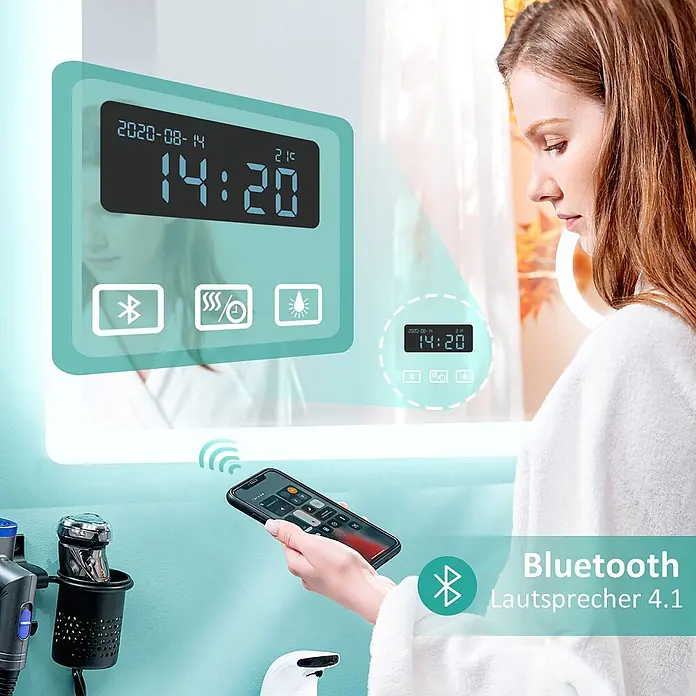 Emke Lichtspiegel Dimlite LM13 -  - Smarter Badezimmerspiegel mit Digitalanzeige (Uhrzeit, Datum, Temp.), Bluetooth und Entnebelung, per Smartphone steuerbar.
