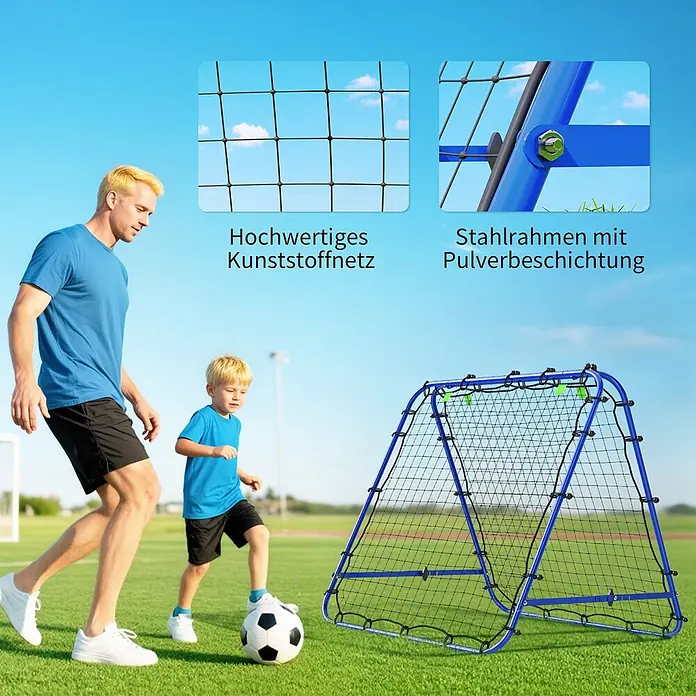 Homcom Sportnetz Rebounder - Sonstiges, Blau - Blau-schwarzes tragbares Fußballtor mit hochwertigem Netz und pulverbeschichtetem Stahlrahmen, zum Fußballspielen genutzt.