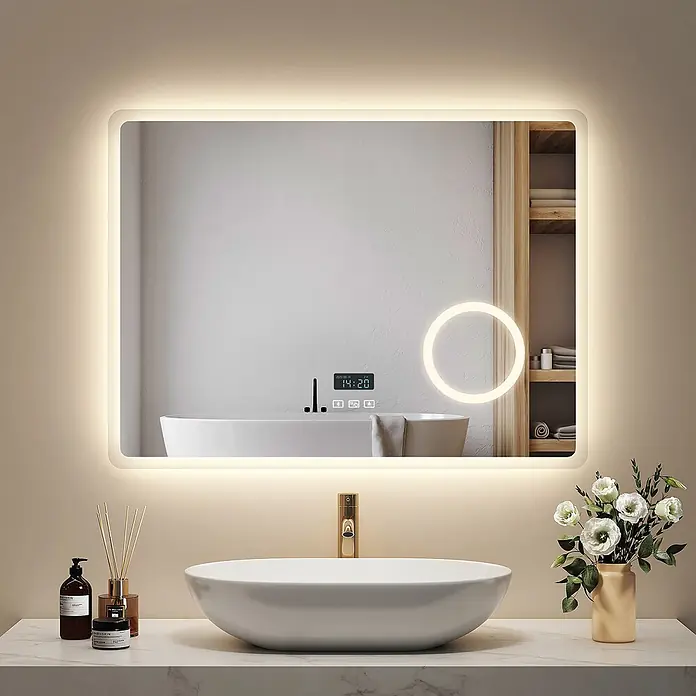 Emke Lichtspiegel Dimlite LM13 - 80 x 60 cm - Moderner rechteckiger beleuchteter LED-Badezimmerspiegel mit integriertem Digitaldisplay, Touch-Bedienelementen und rundem Antibeschlagfeld über einem weißen Aufsatzwaschbecken.