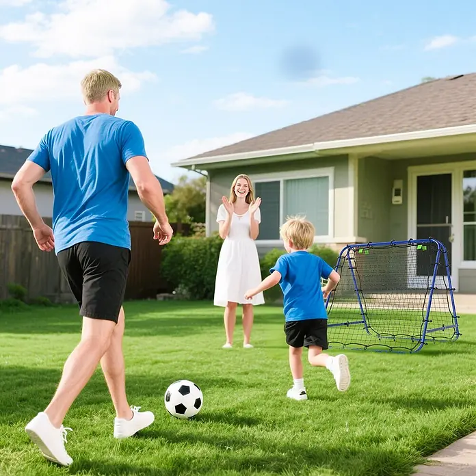Homcom Sportnetz Rebounder - Sonstiges, Blau - Blau-schwarzes Fußball-Rebounder-Netz im Garten, für familiäres Fußballtraining genutzt.