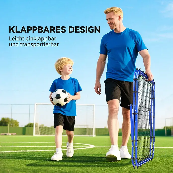 Homcom Sportnetz Rebounder - Sonstiges, Blau - Ein blaues, klappbares Fußball-Rebounder, von einem Mann getragen, demonstriert seine Portabilität fürs Spiel.
