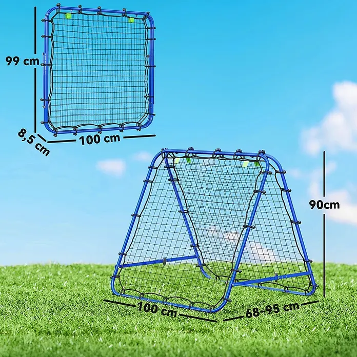 Homcom Sportnetz Rebounder - Sonstiges, Blau - Blau umrahmtes Sport-Reboundernetz mit schwarzem Netz, in flacher (100x99x8.5cm) und abgewinkelter (100x90x68-95cm) Konfiguration, mit Maßen.
