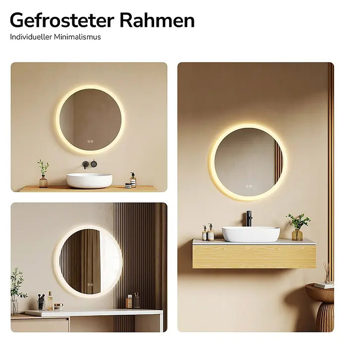 Emke Lichtspiegel Dimlite OLM01 - 50 x 50 cm - Runder LED-Spiegel mit beleuchtetem, mattiertem Rahmen und Touch-Bedienung für Bad oder Waschtisch.