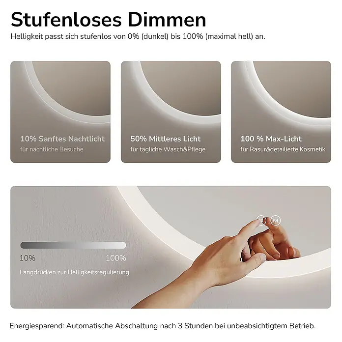 Emke Lichtspiegel Dimlite OLM01 - 50 x 50 cm - Runder LED-Spiegel mit stufenloser Dimmfunktion (0-100%), Touch-Steuerung und Auto-Abschaltung.