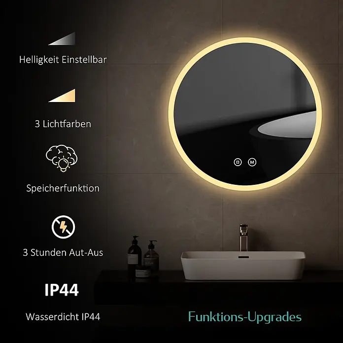 Emke Lichtspiegel Dimlite OLM01 - 50 x 50 cm - Runder LED-Badezimmerspiegel mit einstellbarer Helligkeit, 3 Lichtfarben, Speicherfunktion, 3-Stunden-Auto-Aus und IP44-wasserdicht, über Waschbecken.
