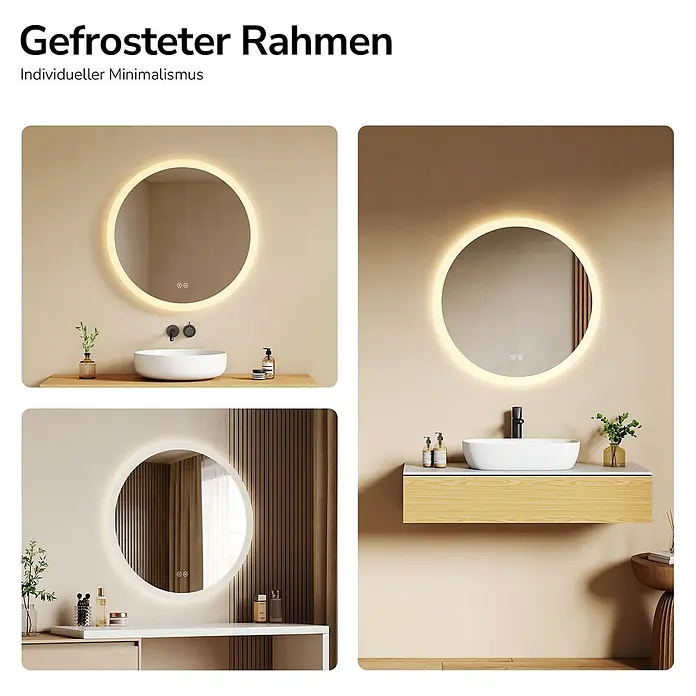 Emke Lichtspiegel Dimlite OLM01 -  - Runder LED-Spiegel mit gefrostetem Rahmen, in verschiedenen Bad- und Waschtischumgebungen gezeigt.