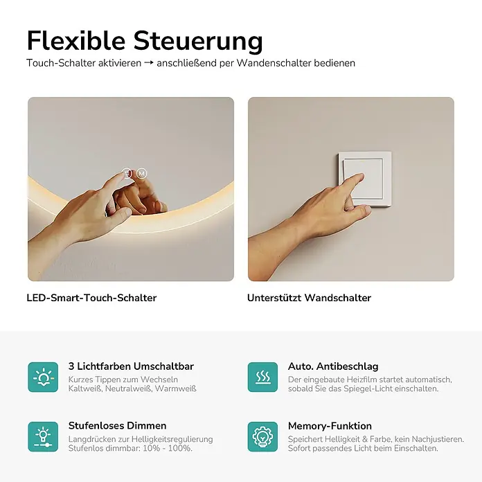 Emke Lichtspiegel Dimlite OLM01 - 50 x 50 cm - Flexible Steuerung eines Smart-Spiegels: Hand bedient Touch-Schalter am Spiegel und einen Wandschalter. Funktionen wie Lichtfarben, Dimmung, Antibeschlag, Memory.