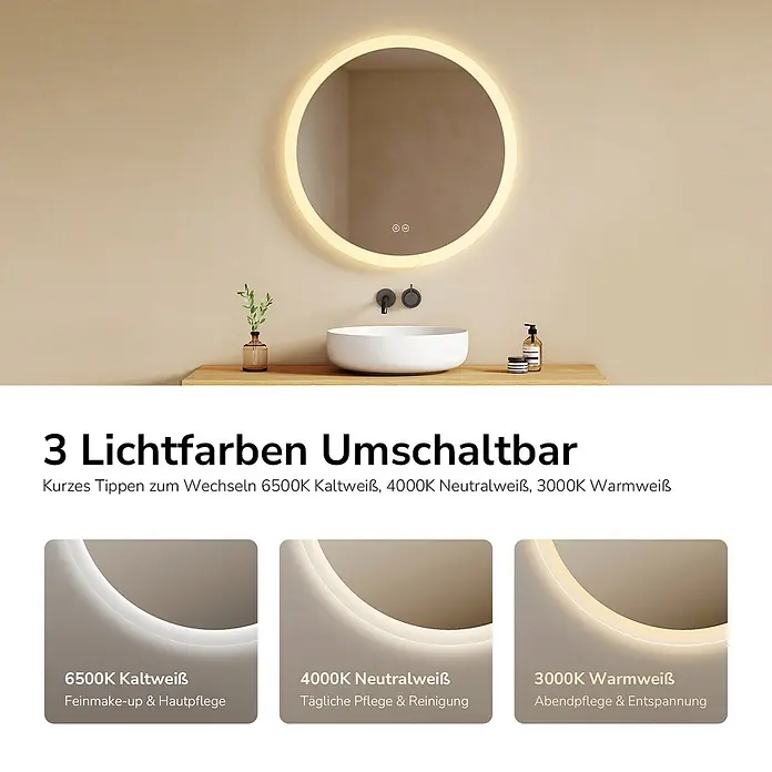 Emke Lichtspiegel Dimlite OLM01 - 50 x 50 cm - Runder LED-Spiegel mit 3 umschaltbaren Lichtfarben (6500K Kaltweiß, 4000K Neutralweiß, 3000K Warmweiß) über einem Waschbecken.