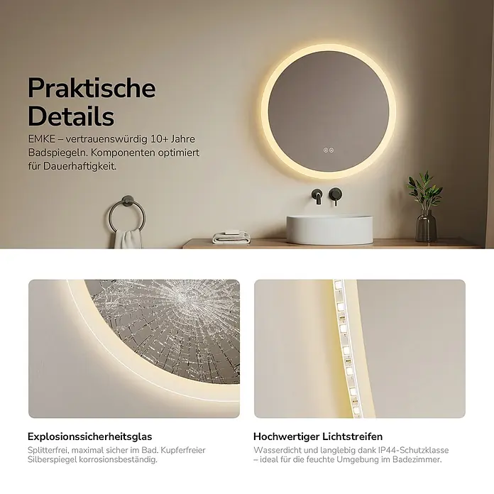 Emke Lichtspiegel Dimlite OLM01 -  - Runder beleuchteter Badspiegel, der sein splitterfreies Sicherheitsglas und wasserdichtes LED-Band zeigt.