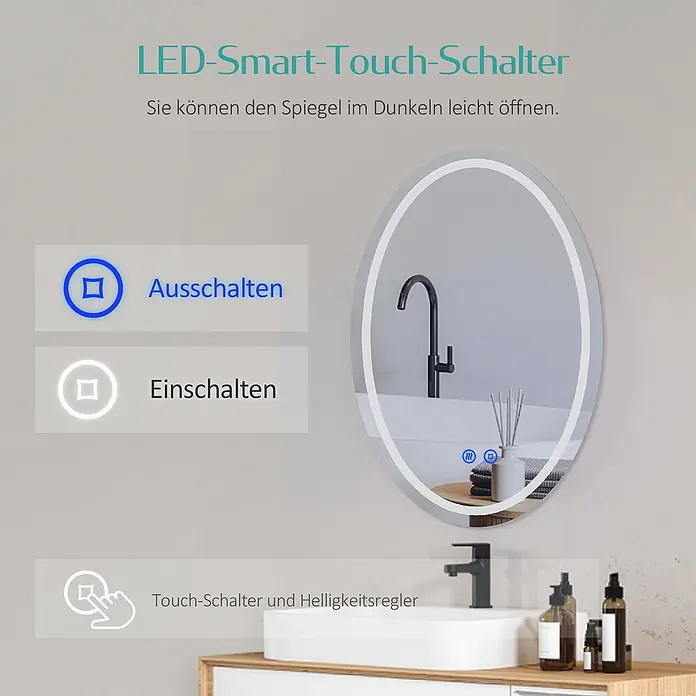 Emke Lichtspiegel Glowrim OLM19 -  - Ovaler LED-Smart-Spiegel mit Touch-Steuerung für Helligkeit und Ein/Aus im Badezimmer.