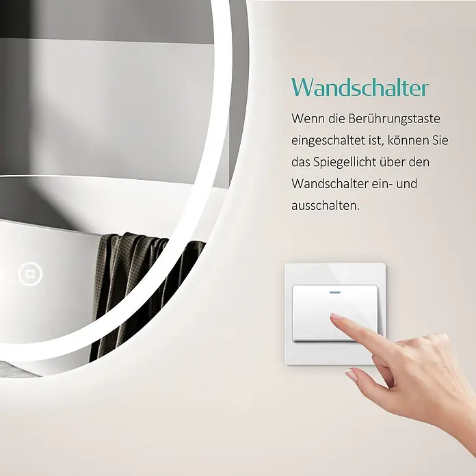 Emke Lichtspiegel Glowrim OLM19 -  - Runder, hinterleuchteter Spiegel im Bad; Hand betätigt weißen Wandschalter für Spiegellicht.