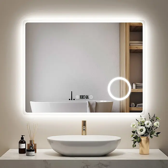 Emke Lichtspiegel Dimlite LM13 - 90 x 70 cm - Rechteckiger LED-beleuchteter Smart-Badezimmerspiegel mit Digitalanzeige und integriertem Ringlicht über einem Waschbecken.