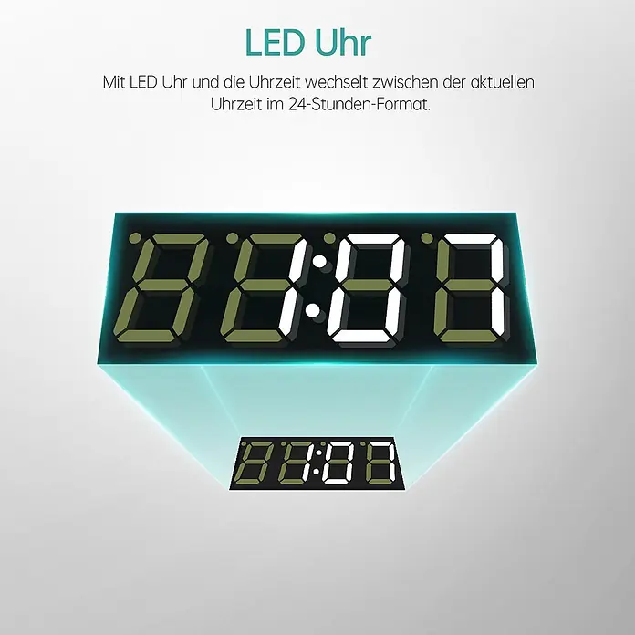 Emke Lichtspiegel Dimlite LM13 -  - Digitale LED-Uhr mit leuchtendem blauem Sockel, die die Uhrzeit im 24-Stunden-Format anzeigt.