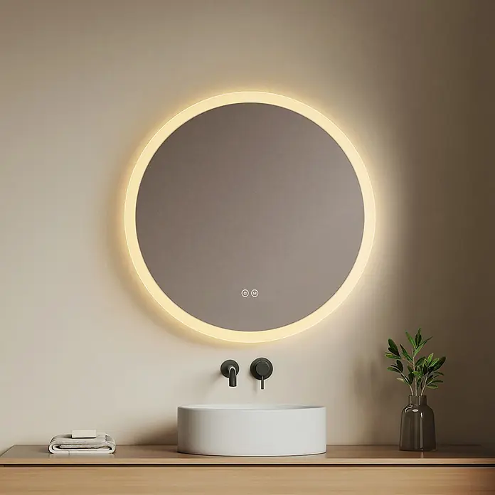 Emke Lichtspiegel Dimlite OLM01 - 70 x 70 cm - Runder, hinterleuchteter Spiegel mit Touch-Bedienung über einem modernen Waschbecken. Bietet Umgebungsbeleuchtung.