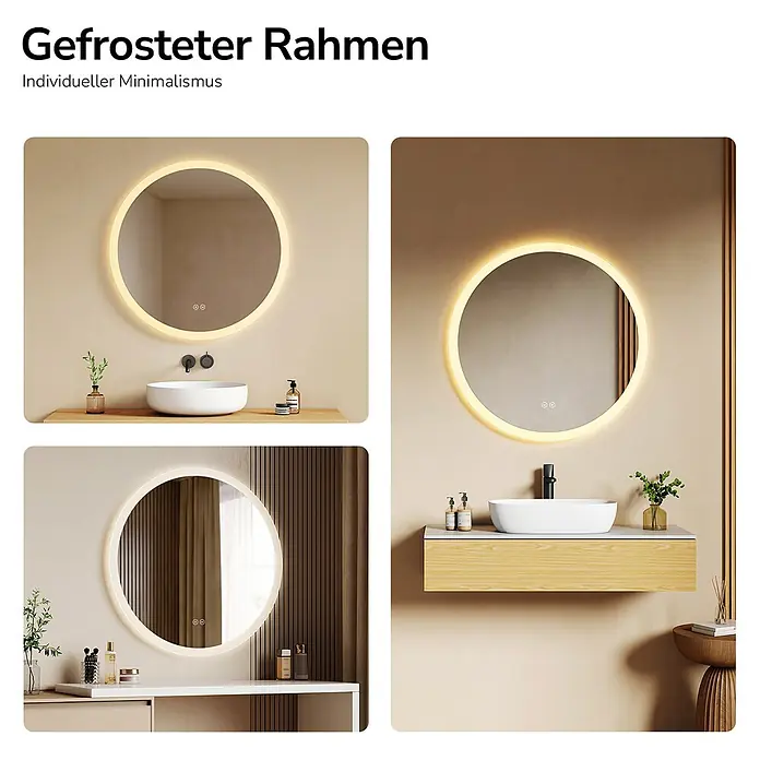 Emke Lichtspiegel Dimlite OLM01 - 70 x 70 cm - Runder, LED-beleuchteter Spiegel mit mattiertem Rahmen über einem Waschbecken und Schminktisch.