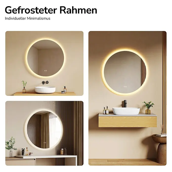 Emke Lichtspiegel Dimlite OLM01 -  - Runder LED-beleuchteter Spiegel, in verschiedenen modernen Bad- und Waschtischumgebungen montiert gezeigt.
