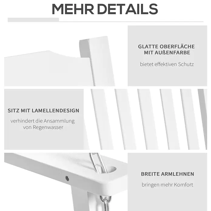 Outsunny Hängebank - B x T x H: 69 x 69 x 60 cm, Tannenholz, Stahl, Weiß - Weißer Schaukelstuhl aus Holz mit Lattenrostsitz, breiten Armlehnen und glatter, wetterbeständiger Oberfläche.