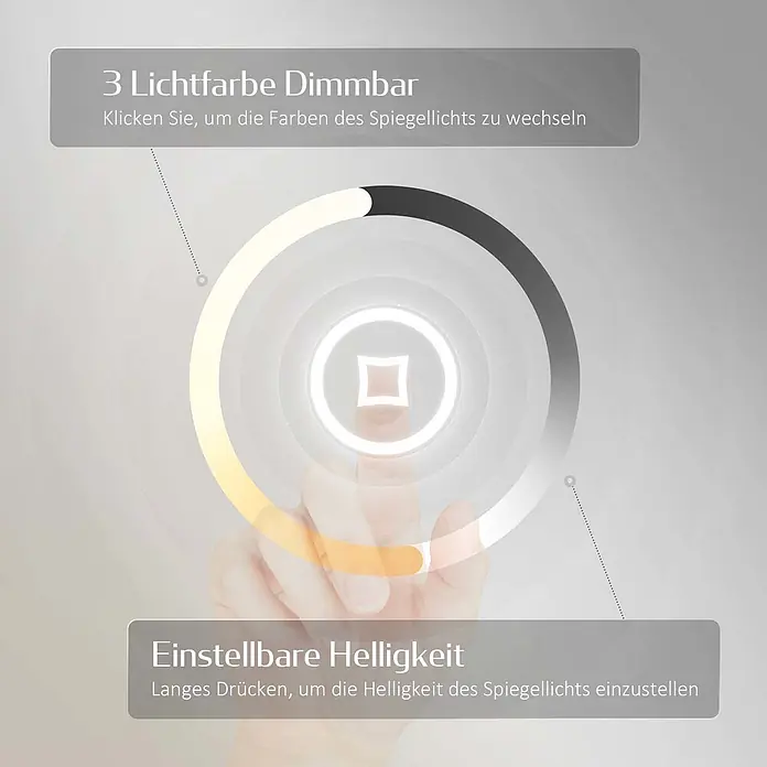 Emke Lichtspiegel Dimlite LM13 -  - Touch-Steuerung für Spiegellicht: 3 dimmbare Lichtfarben und einstellbare Helligkeit per Fingerdruck.