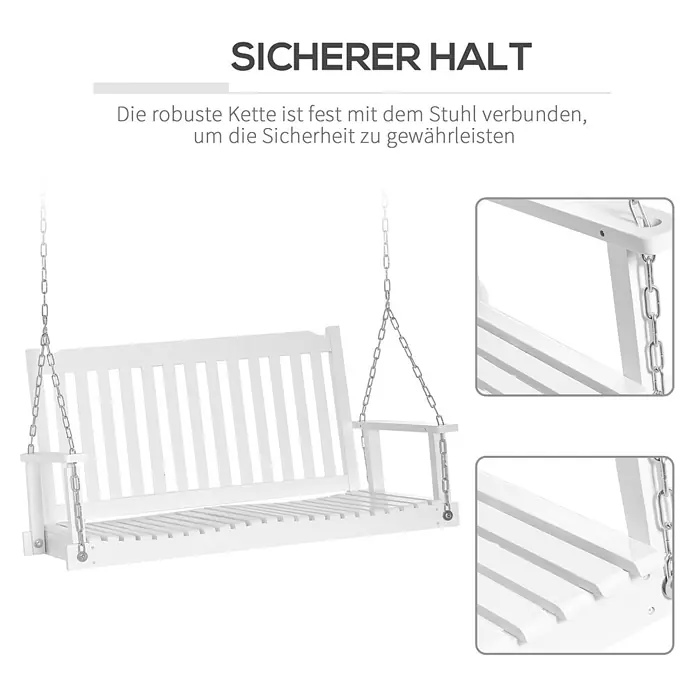 Outsunny Hängebank - B x T x H: 69 x 69 x 60 cm, Tannenholz, Stahl, Weiß - Weiße Holzschaukelbank mit Metallketten, die sichere Befestigungen hervorheben.