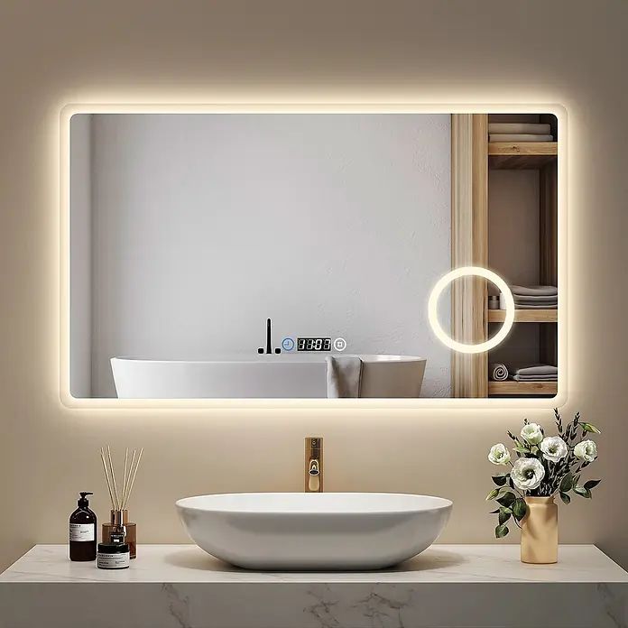Emke Lichtspiegel Dimlite LM13 -  - Rechteckiger LED-Badezimmerspiegel mit abgerundeten Ecken, integriertem Digitaldisplay und kreisförmigem Anti-Beschlag-Licht über einem Waschbecken.