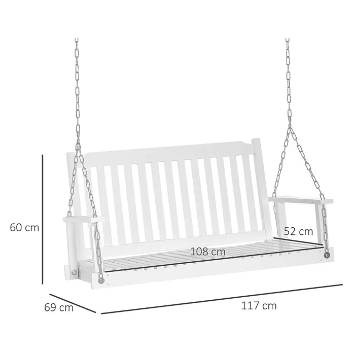 Outsunny Hängebank - B x T x H: 69 x 69 x 60 cm, Tannenholz, Stahl, Weiß - Weißer Holzschaukelbank mit Lattenrostsitz und -rückenlehne, an Metallketten aufgehängt.