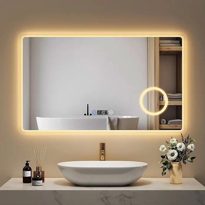 Emke Lichtspiegel Dimlite LM13 -  - Rechteckiger LED-Badspiegel mit abgerundeten Ecken, integrierter Digitalanzeige und Touch-Bedienung, über einem modernen Waschbecken montiert.