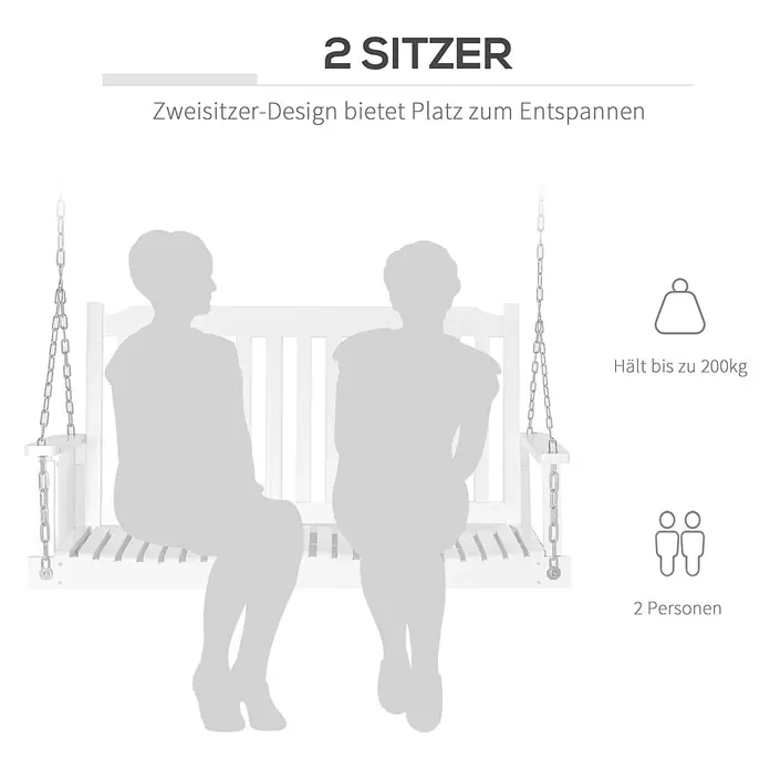 Outsunny Hängebank - B x T x H: 69 x 69 x 60 cm, Tannenholz, Stahl, Weiß - Weiße hölzerne Zweisitzer-Hollywoodschaukel mit Kettenaufhängung, für zwei Personen bis 200kg.
