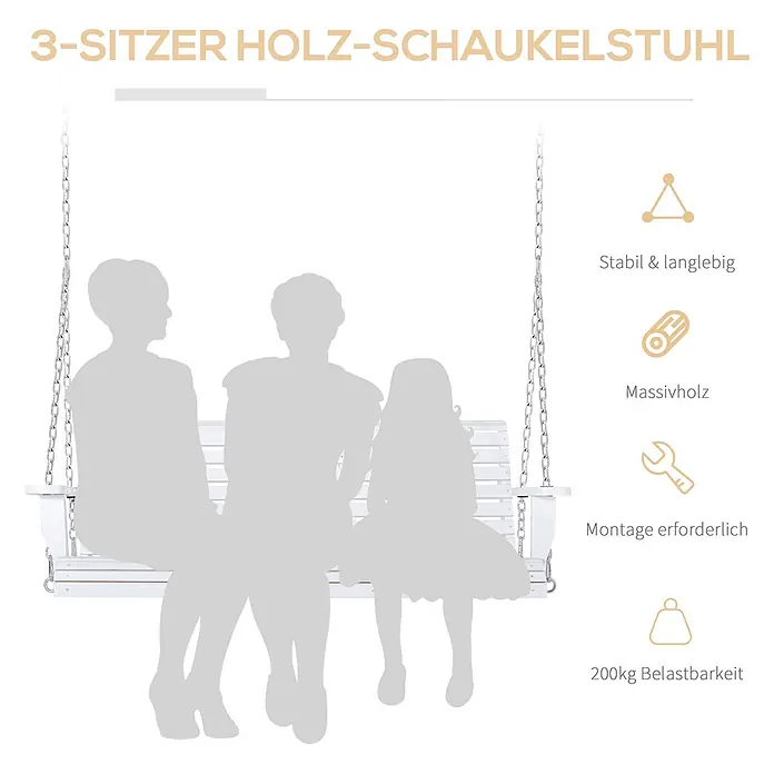 Outsunny Hängebank - B x T x H: 75 x 75 x 53 cm, Tannenholz, Weiß - Weißer 3-Sitzer Holz-Schaukelstuhl mit drei sitzenden Personen-Silhouetten. Robuste Holzkonstruktion.