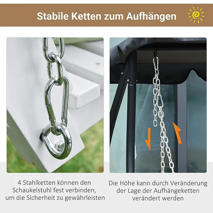 Outsunny Hängebank - B x T x H: 75 x 75 x 53 cm, Tannenholz, Weiß - Vier Stahlketten für sichere Aufhängung eines Schaukelstuhls, höhenverstellbar.