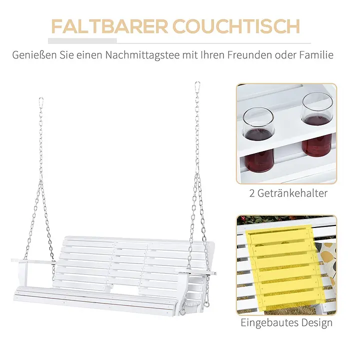 Outsunny Hängebank - B x T x H: 75 x 75 x 53 cm, Tannenholz, Weiß - Weiße Holz-Schaukelbank mit Metallketten, ausgestattet mit einem mittig klappbaren Tisch und zwei integrierten Getränkehaltern.