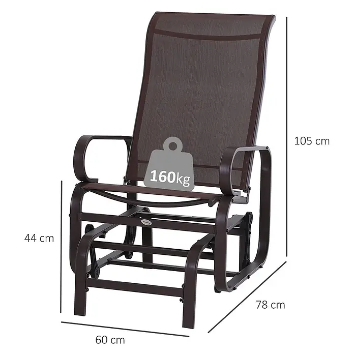 Outsunny Garten-Schaukelstuhl - 1 Stk., Pulverbeschichtetes Metall, Texteline, Braun, B x T x H: 78 x 78 x 105 cm - Brauner Metall-Gleitsessel mit Textilene-Stoff, H 105 cm, B 60 cm, T 78 cm, Sitzhöhe 44 cm, 160 kg Tragkraft.