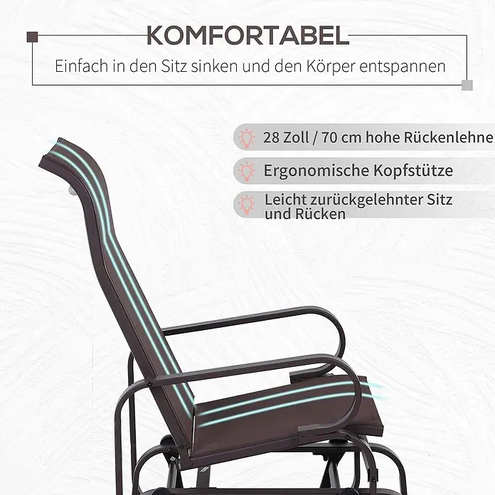 Outsunny Garten-Schaukelstuhl - 1 Stk., Pulverbeschichtetes Metall, Texteline, Braun, B x T x H: 78 x 78 x 105 cm - Brauner Outdoor-Schaukelstuhl mit hoher Rückenlehne, ergonomischer Kopfstütze und geneigtem Sitz für Komfort.