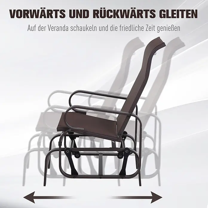 Outsunny Garten-Schaukelstuhl - 1 Stk., Pulverbeschichtetes Metall, Texteline, Braun, B x T x H: 78 x 78 x 105 cm - Dunkelbrauner Gleitsessel aus Metall und Netzgewebe mit Bewegungseffekt, der seine sanfte Vor- und Rückwärtsbewegung zeigt.
