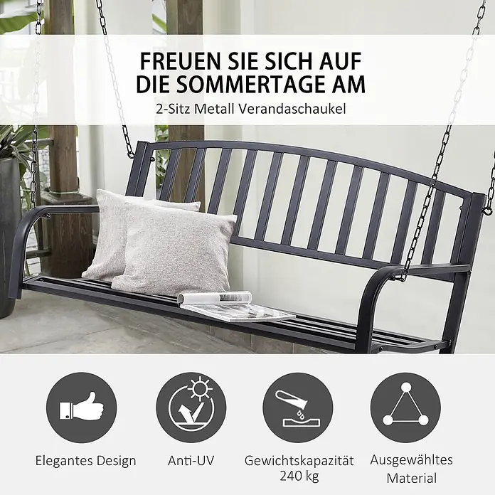 Outsunny Hängebank - B x T x H: 60 x 60 x 53 cm, Metall, Schwarz - Eine schwarze Metall-Verandaschaukel für 2 Personen mit hellen Kissen, ideal für entspannte Stunden im Freien.