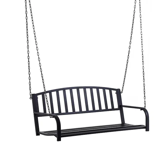 Outsunny Hängebank - B x T x H: 60 x 60 x 53 cm, Metall, Schwarz - Dunkle Metall-Schaukelbank hängt an Ketten.