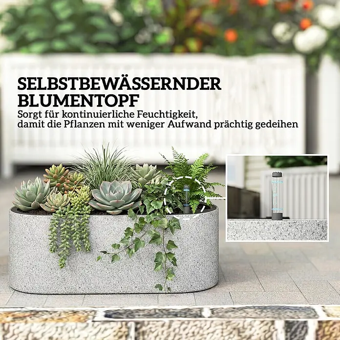 Outsunny Balkonkasten - Max. Außenlänge: 42 cm, Kunststoff, Hellgrau - Grauer ovaler selbstbewässernder Pflanzkübel mit Pflanzen und Wasserstandsanzeige. Sorgt für kontinuierliche Feuchtigkeit und prächtige Pflanzen mit wenig Aufwand.