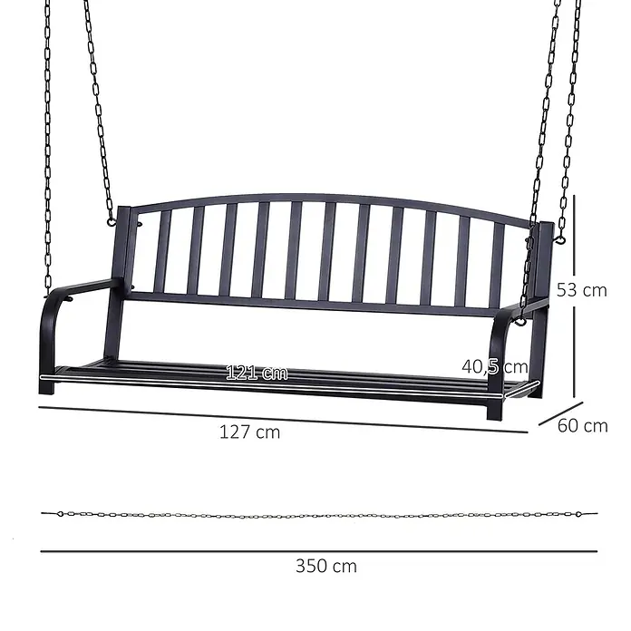 Outsunny Hängebank - B x T x H: 60 x 60 x 53 cm, Metall, Schwarz - Schwarze Metall-Gartenschaukelbank mit Hängeketten, Maße sind angezeigt.