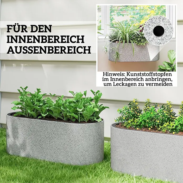 Outsunny Balkonkasten - Max. Außenlänge: 42 cm, Kunststoff, Hellgrau - Zwei ovale, hellgraue Pflanzgefäße mit Steinoptik für Innen- und Außenbereich; inklusive Stopfen zur Vermeidung von Leckagen innen.