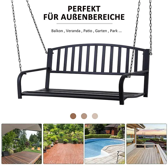 Outsunny Hängebank - B x T x H: 60 x 60 x 53 cm, Metall, Schwarz - Schwarze Metallschaukelbank für Außenbereiche mit Lamellendesign, an Ketten aufgehängt.