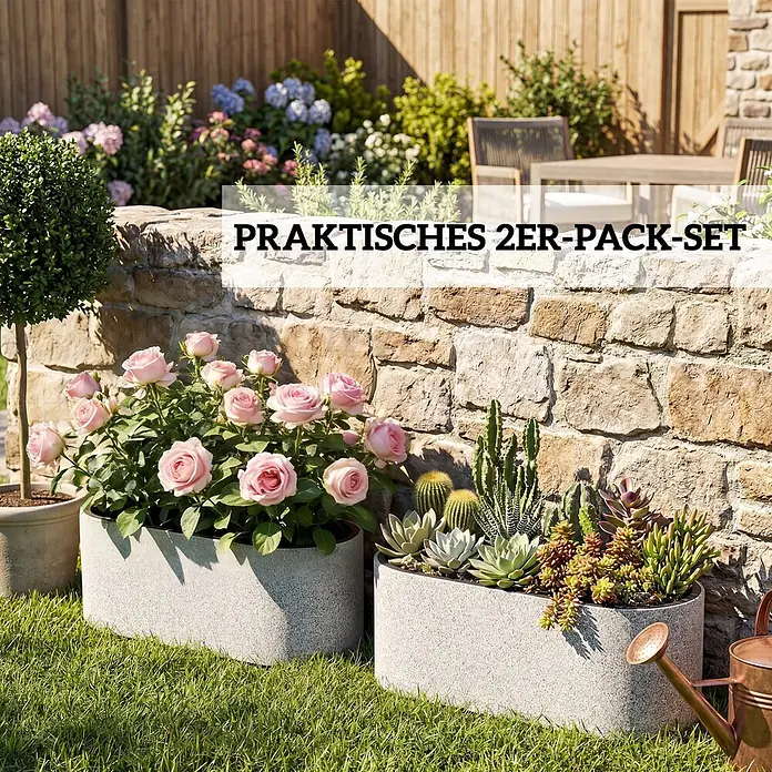 Outsunny Balkonkasten - Max. Außenlänge: 42 cm, Kunststoff, Hellgrau - Praktisches 2er-Set hellgrauer, ovaler Pflanzgefäße mit Rosen und Sukkulenten im Garten.